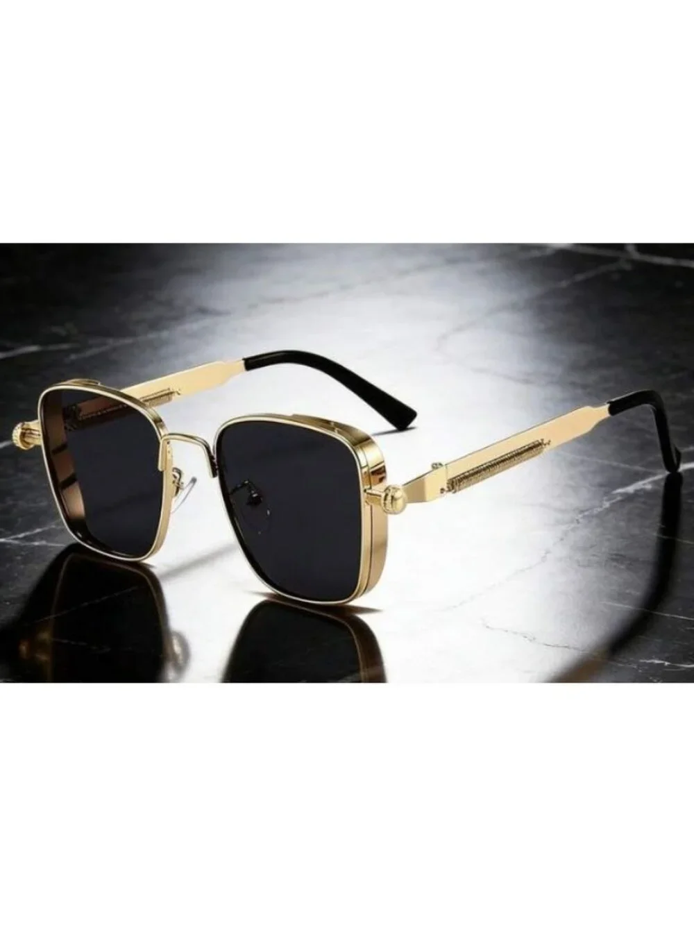 Retro Unisex Square Gold Metal Frame Sunglasses With Black Lenses Spring Hinges